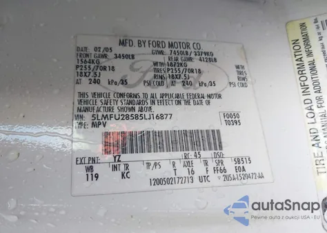 2005 Lincoln Navigator z USA, uszkodzony, nr VIN 5LMFU28585LJ16877